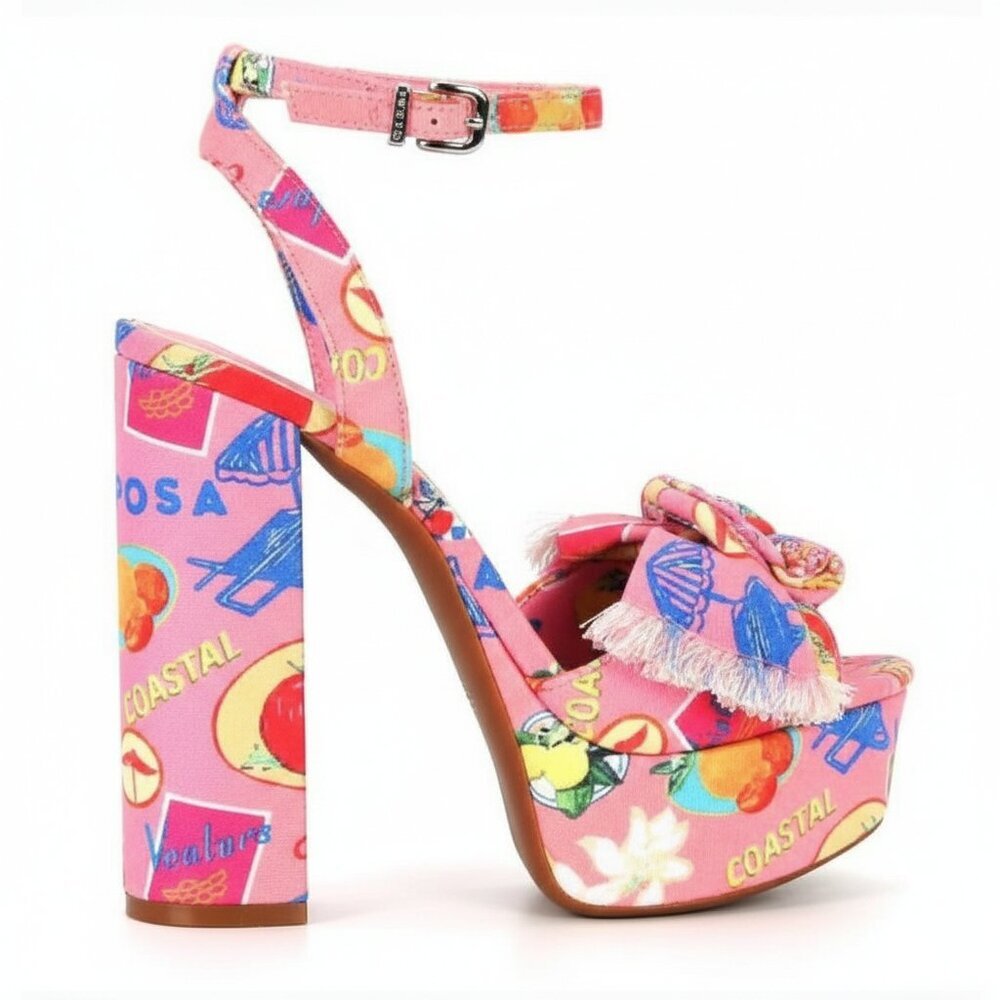NEW Gianni Bini Tobias Printed Linen Mismatched Buckle Platform Dress Sandals - Picture 3 of 3